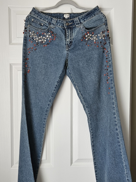 Cache Denim - Cache Blue Flared Jeans with Red and Silver Stud Detailing